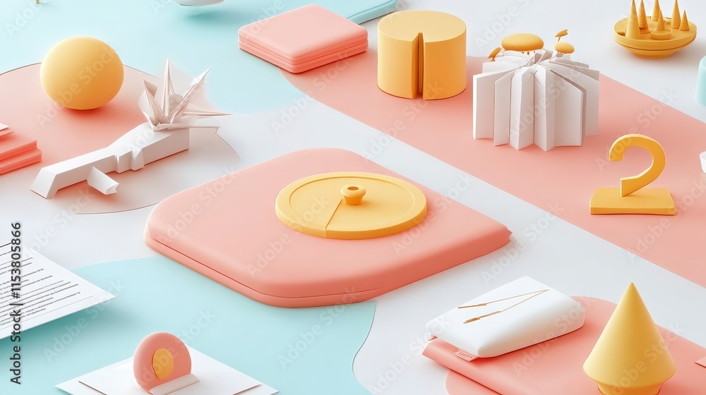 Poster a vibrant arrangement of geometric shapes and objects in pastel colors, creating a playful and moder