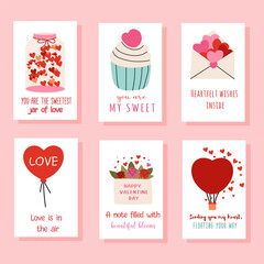Valentine's Day Card Set:  A charming collection of six adorable Valentine's Day cards featuring hand-drawn hearts, balloons, cupcakes, and flowers.