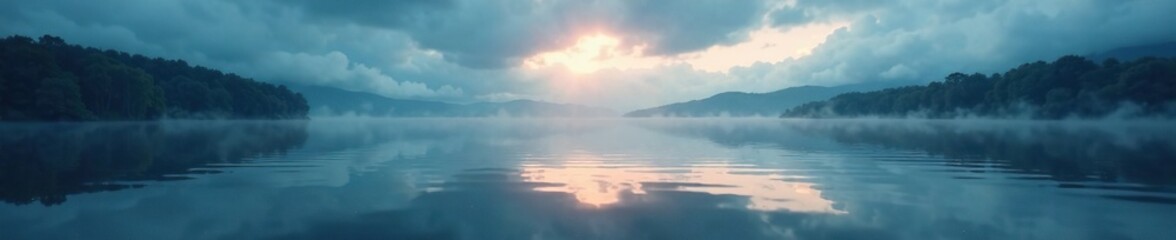 Fototapeta premium A reflection of dark clouds ripples on the lake's surface, as if the water itself is a mirror, calm scene, lake scenery, misty environment