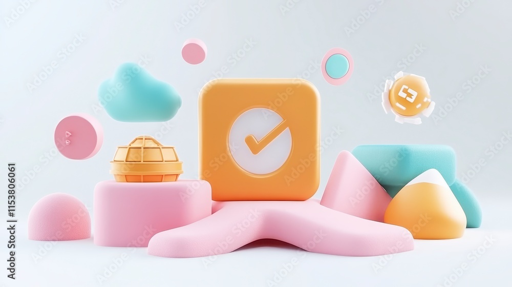 Poster colorful geometric shapes and icons create a playful, modern composition, emphasizing creativity and