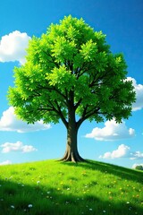 A tree in a verdant forest with a bright blue sky filtering through the leaves, nature, tree