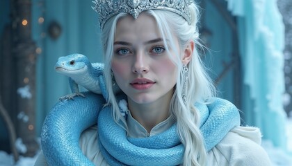 Ethereal Ice Queen with Mystical Snake Against Winter Wonderland