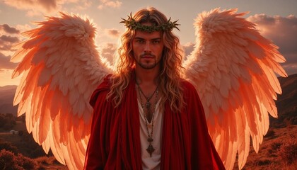 Fototapeta premium Divine Angel with Crown of Thorns Contemplating at Sunset Against Rocky Hills