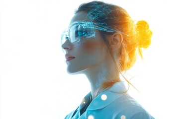 double exposure of female doctor and hologram, isolated on white background