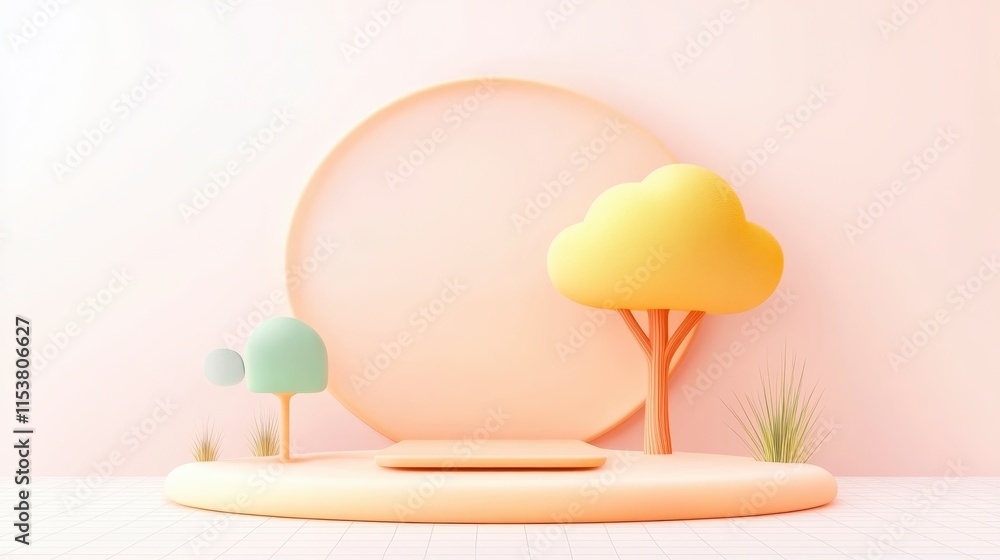 Poster a vibrant, minimalistic scene featuring colorful trees and a circular backdrop, creating a whimsical