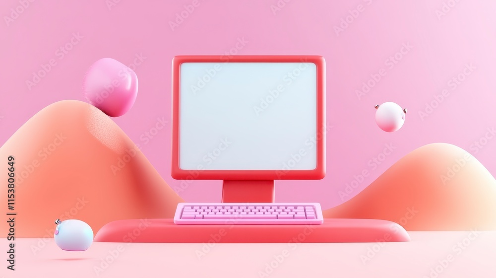 Poster a vibrant pink scene featuring a retro-style computer and keyboard, complemented by playful shapes a