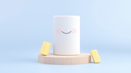 A cheerful, minimalistic cup with a smiling face sits on a wooden base, surrounded by yellow sponges against a soft blue background.