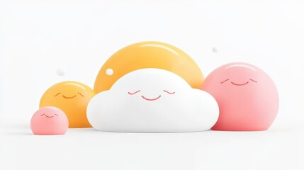 A cheerful arrangement of smiling, colorful clouds and suns, creating a playful and whimsical atmosphere.