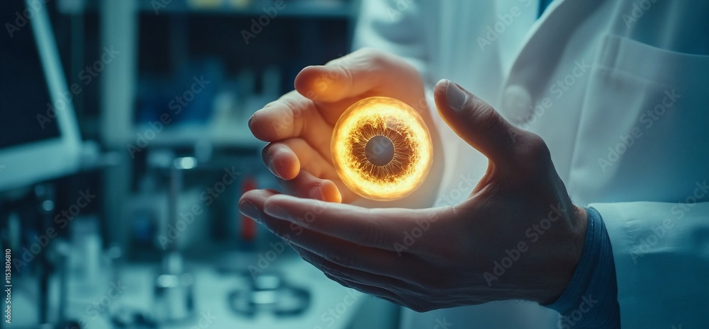 Aufkleber a scientist holds a glowing, futuristic eye-like object in a lab setting.