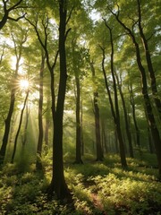 Obraz premium Golden sunlight streams through emerald canopy, dappling forest floor, natural light, calm, magical