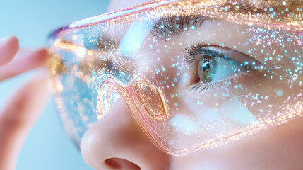 Fototapeta premium Future Vision, Woman Gazes through Innovative AR Glasses, Exploring Digital Worlds with Wonder and Awe