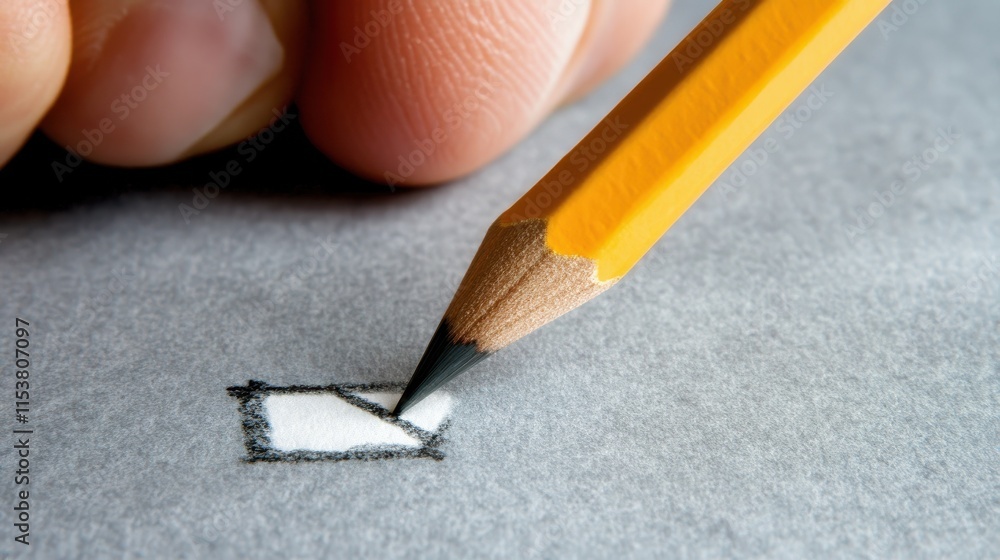 Poster hand with pencil writing check mark on checklist. cropped hand marking on check box on gray paper. c