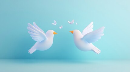 Fototapeta premium Two white birds with wings spread face each other against a soft blue background, surrounded by fluttering butterflies.