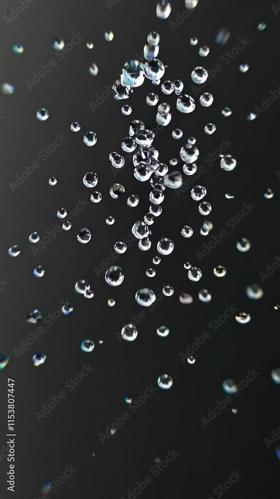 Poster isolated water droplets floating against a black background in a minimalist style.