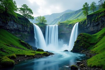 Fototapeta premium Misty river valley with waterfalls, soft focus on the falls, waterfall scene, natural scenery