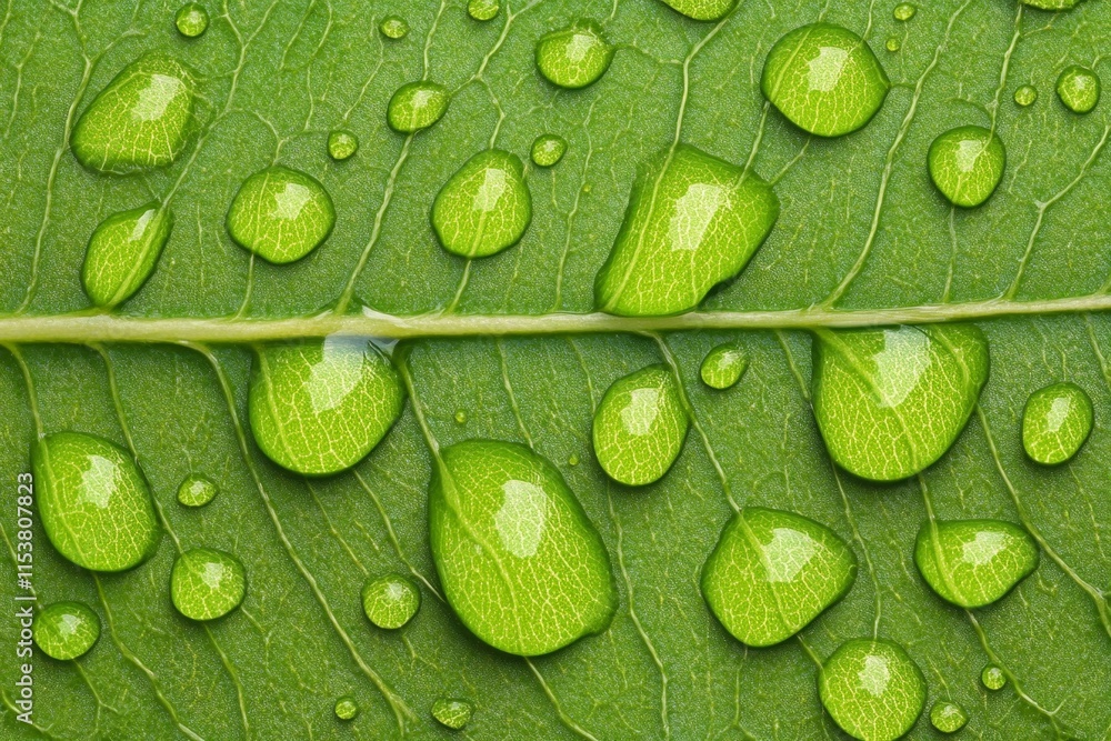 Poster a hyper-realistic hdr close-up of rain droplets on a vibrant green leaf, capturing intricate reflect