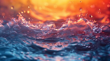 A splash of water in a blue ocean with a red and orange background