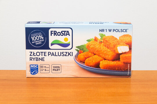 Pruszcz Gdanski, Poland - December 3, 2024: Frosta frozen fish fillet sticks.