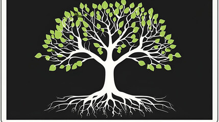 Majestic Tree, Roots, Branches, and Leaves Flourish Against Dark Background, Symbolizing Growth and Resilience.