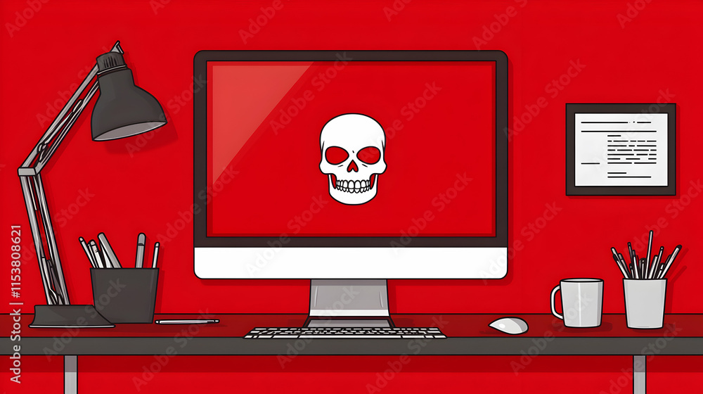 Poster cybersecurity threat, red alert on desktop screen displays a skull warning of digital danger: urgent