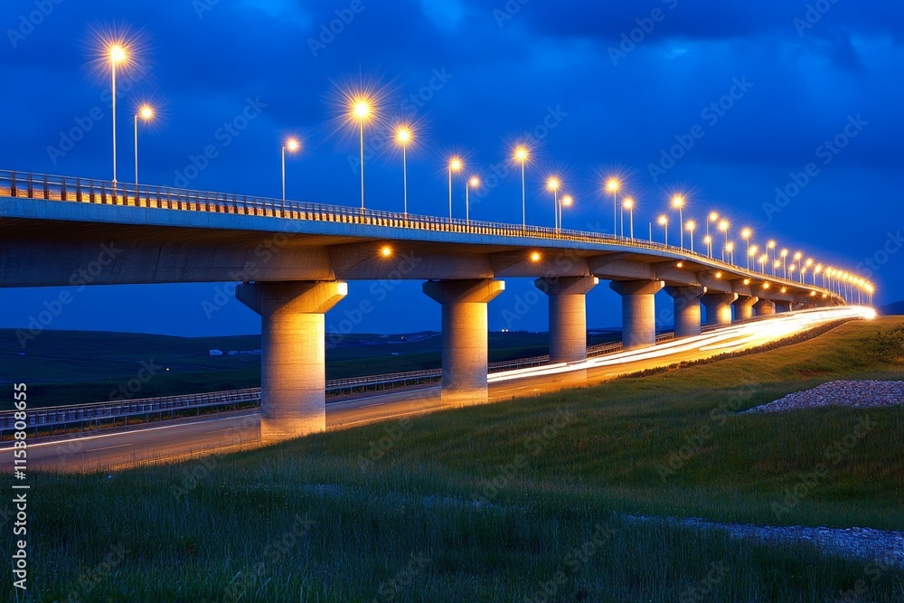 Poster a low-angle shot of a busy highway bridge at dusk, with car headlights creating glowing streaks of l
