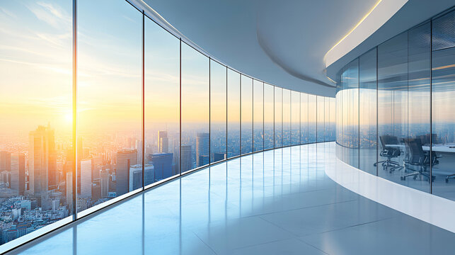Modern Office with Panoramic City View at Sunset,  Inspiring Workspace with Glass Walls, Offering Stunning Vista.