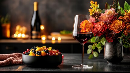 Fototapeta premium Elegant Table Setting with Red Wine Glass, Fresh Fruits, and Beautiful Floral Arrangement