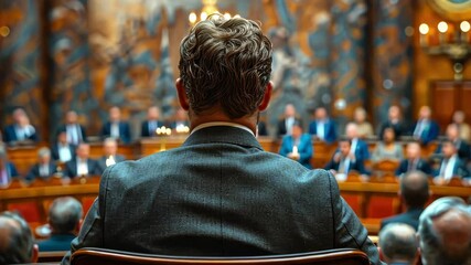 A diplomat is viewed from behind, facing a parliamentary setting, evoking a sense of leadership and the solemn atmosphere of political negotiation and policy-making.