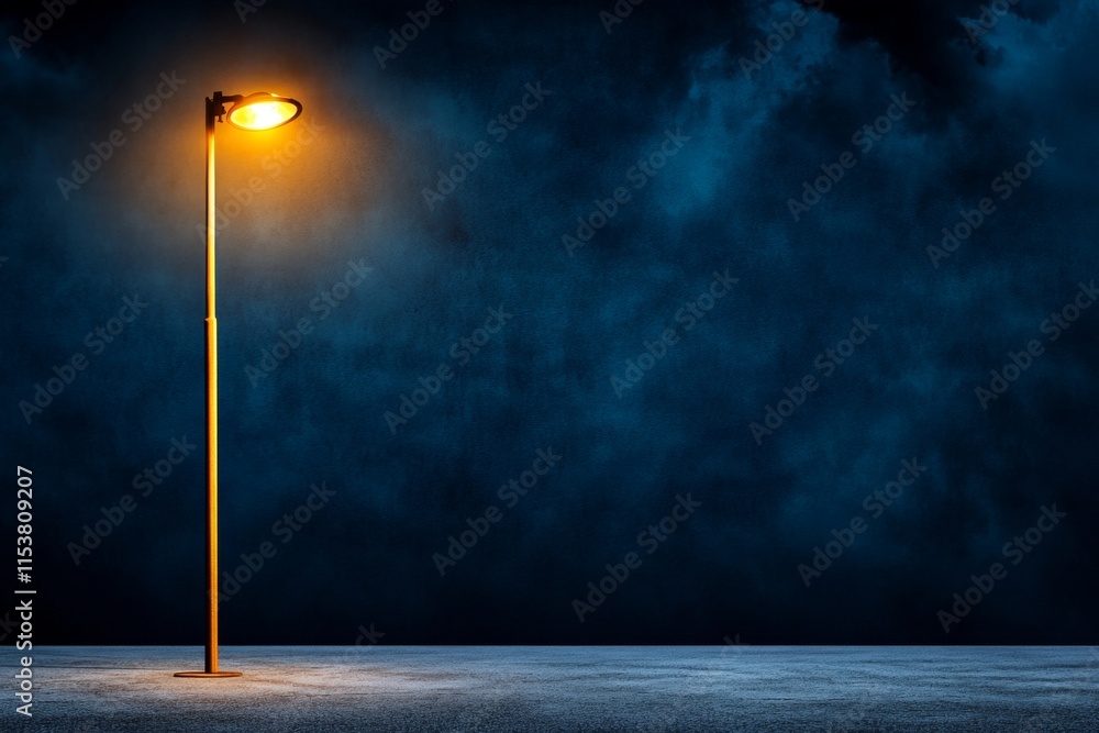 Poster a minimalist hdr composition of a glowing streetlight casting its golden light on empty pavement aga