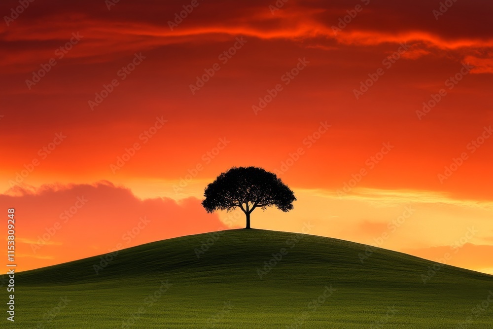 Poster a minimalist hdr design of a lone tree on a rolling hill under a dramatic, gradient sunset, with cri