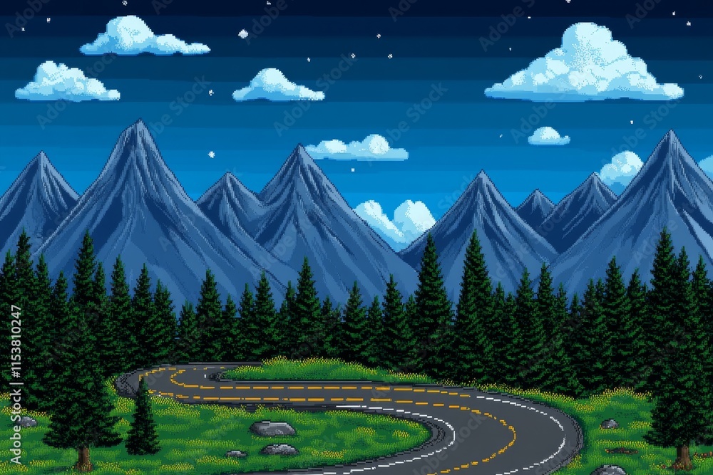 Poster A pixel art depiction of a winding highway leading through a pixelated mountain range, with tiny cars and animated clouds drifting across the 8-bit sky