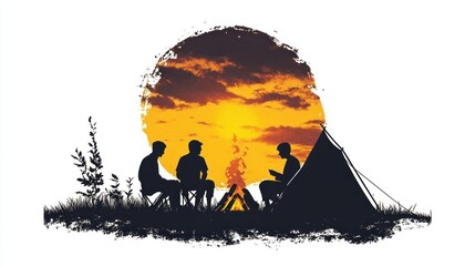 Group of friends sitting around a campfire, silhouette art design with a tent in the background of the sun