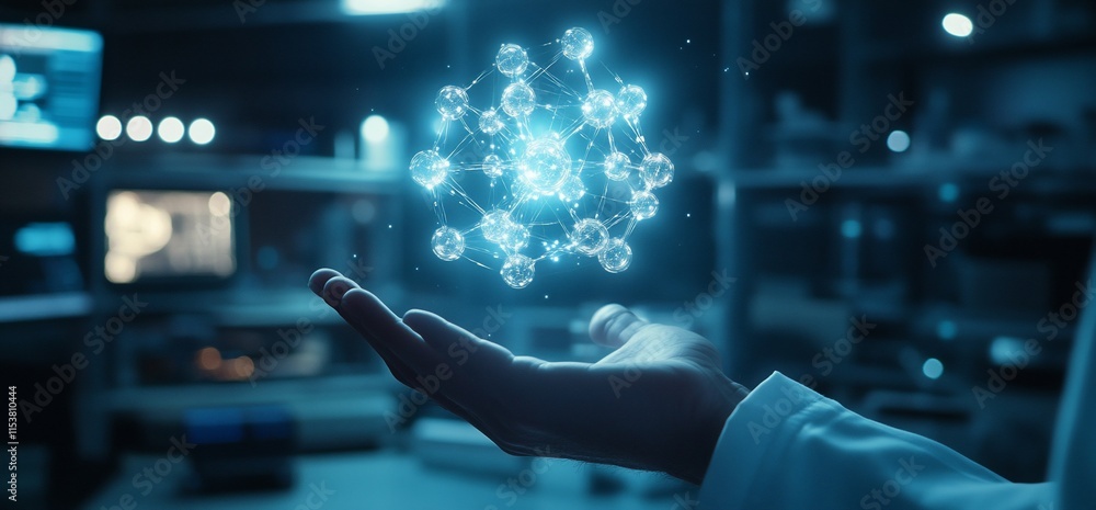 Poster a scientist's hand holding a glowing molecular structure in a lab setting.