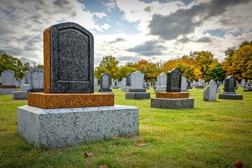 Fototapeta premium A serene cemetery scene with gravestones amidst green grass and trees under a cloudy sky.