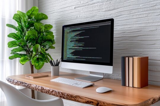A professional coding a high-frequency script in C++ on a sleek workstation, surrounded by books, notes, and a large monitor