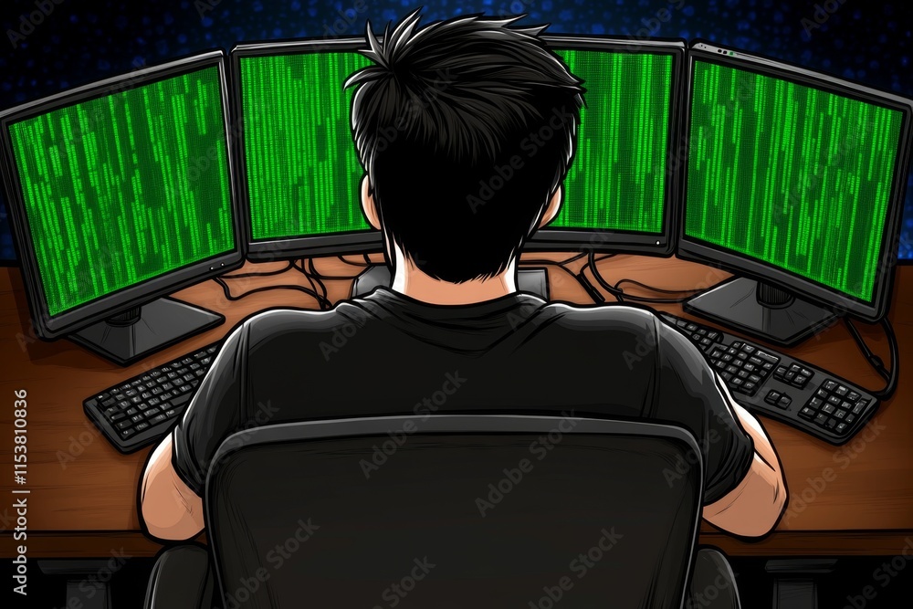 Poster A retro pixel art coder working at a desk with green code flowing on an old CRT monitor, surrounded by blocky charts and graphs