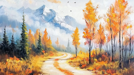 Fototapeta premium A winding path leads through a colorful autumn forest towards snow-capped mountains..