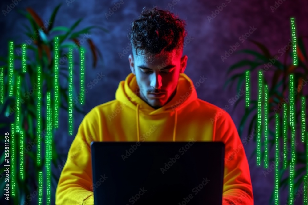 Aufkleber A shadowy coder surrounded by streams of dark, glowing code, working in a dimly lit, atmospheric room