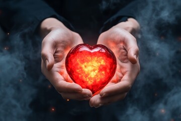 A shadowy scene of a glowing crimson heart held in skeletal hands, surrounded by swirling mist and flickering candlelight