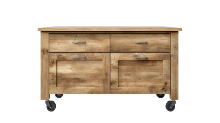 Stylish wooden storage cabinet on wheels. transparent background