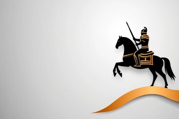 A silhouette of a knight on horseback, drawn in clean black lines against a soft gray background