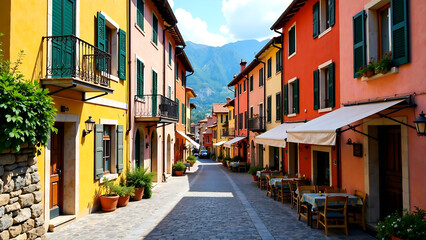 Fototapeta premium Small town narrow street view with colorful houses in Malcesine, Italy during sunny day. Beautiful lake Garda. new image