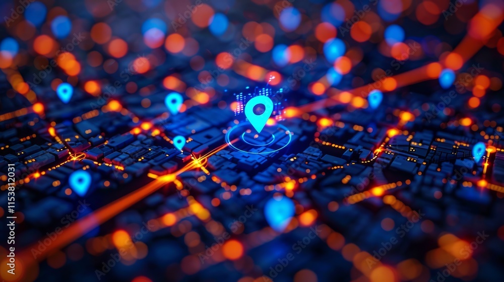 Poster illuminated city map with glowing location markers highlighting navigation and digital mapping techn