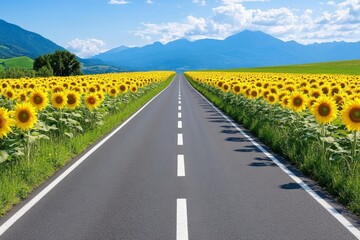 A split highway surrounded by bright yellow sunflowers stretching far into the distance under a soft blue sky