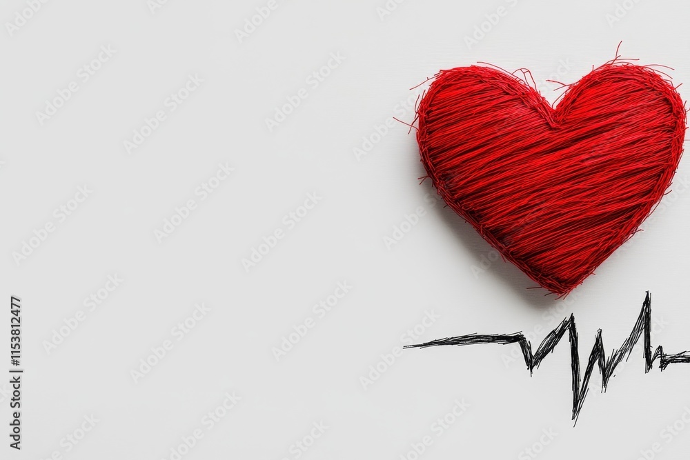 Poster a stylized flat design of a heart with a heartbeat line running through it, drawn in bold red and bl