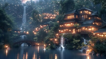 Illuminated village nestled in lush forest, waterfalls cascading down cliffs, arched bridge over calm water.