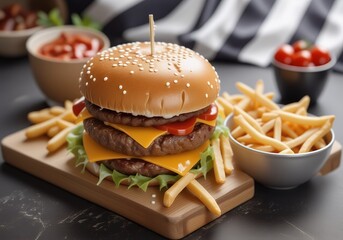 Delicious Double Cheeseburger with French Fries on Wooden Board