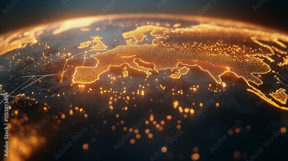 Poster glowing energy map representation with radiant lines illustrating europe in a dynamic 3d perspective