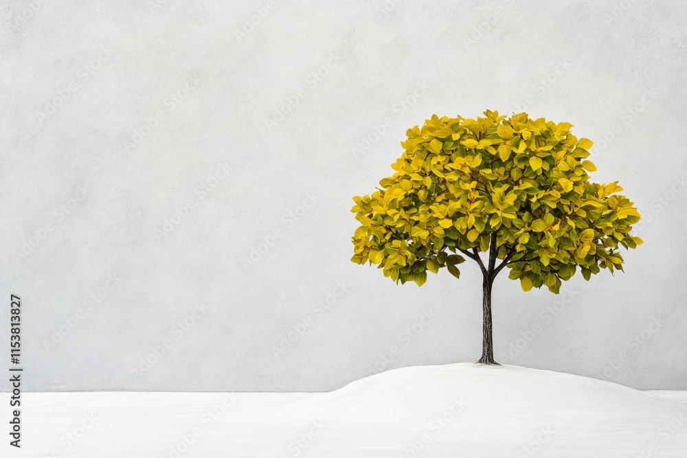 Aufkleber a whimsical 2d hdr-inspired design of a single tree with glowing leaves, radiating soft light agains