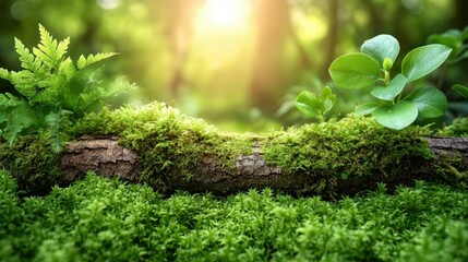 Obraz premium Green moss covered log with tiny plants and sunlight filtering through forest trees, perfect for nature backgrounds, environmental themes, natural landscapes, and outdoor relaxation scenes bright and